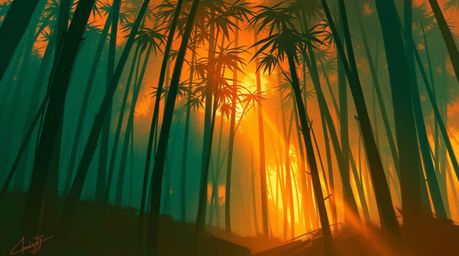 Explore a dynamic digital sketch depicting a rich, deep teal bamboo forest bathed in warm sunset light. This fantasy scene ut