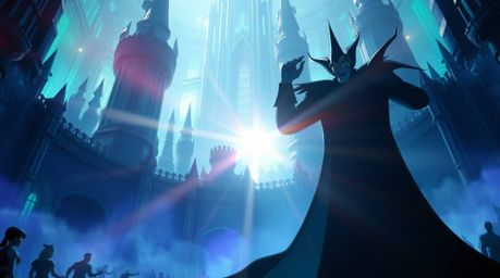 Witness a captivating, futuristic scene bathed in cool blues, greens, and purples. A classic, imposing Disney villain casts a