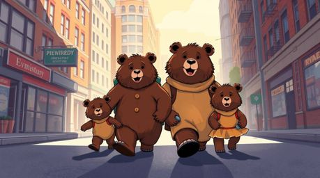 A captivating illustration depicts a bear family embarking on a thrilling urban adventure. Rendered with strong hard light,