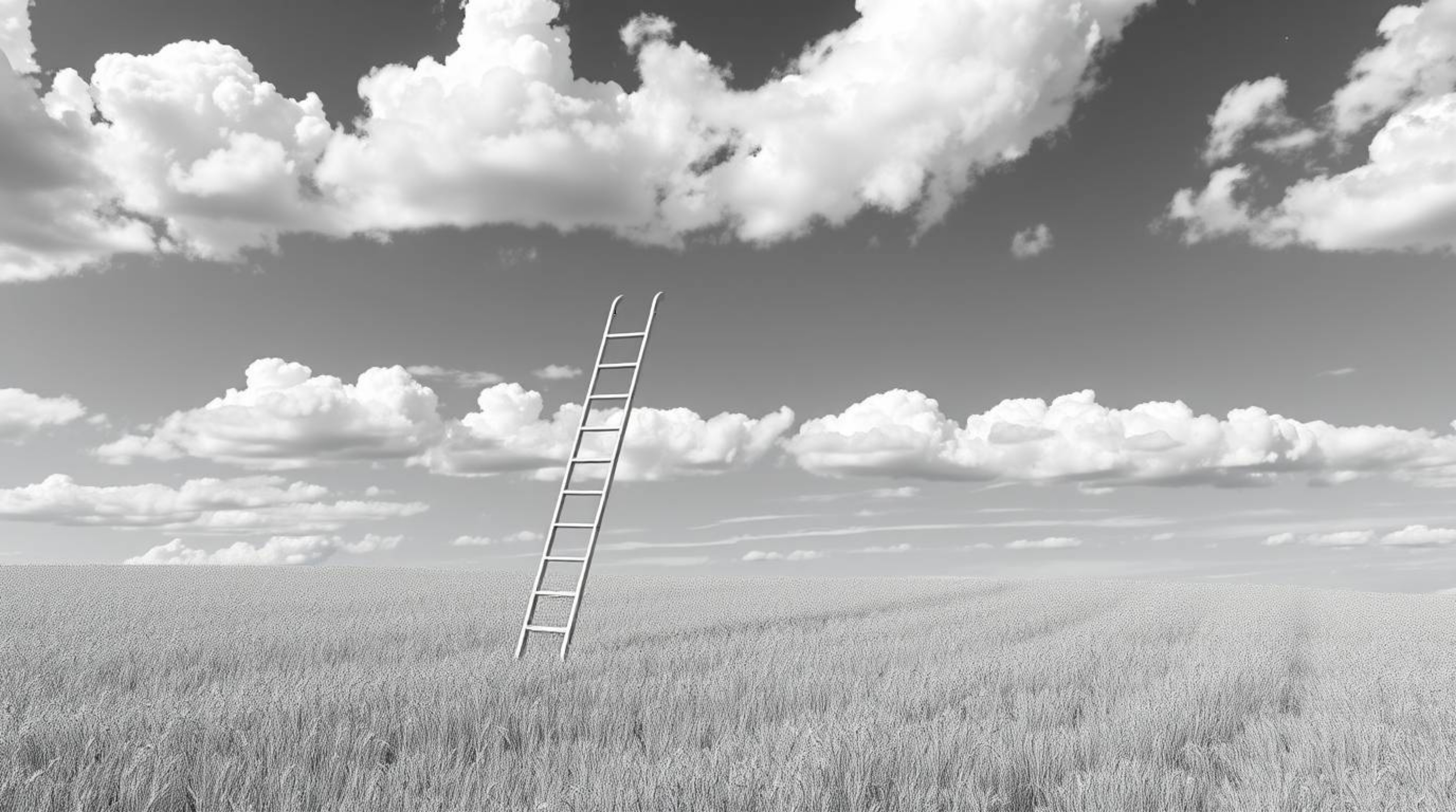 This collection features minimalist designs centered around a silver ladder in an open field beneath a vast, cloudy sky. The