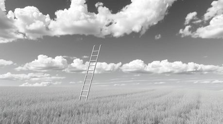 This collection features minimalist designs centered around a silver ladder in an open field beneath a vast, cloudy sky.  The