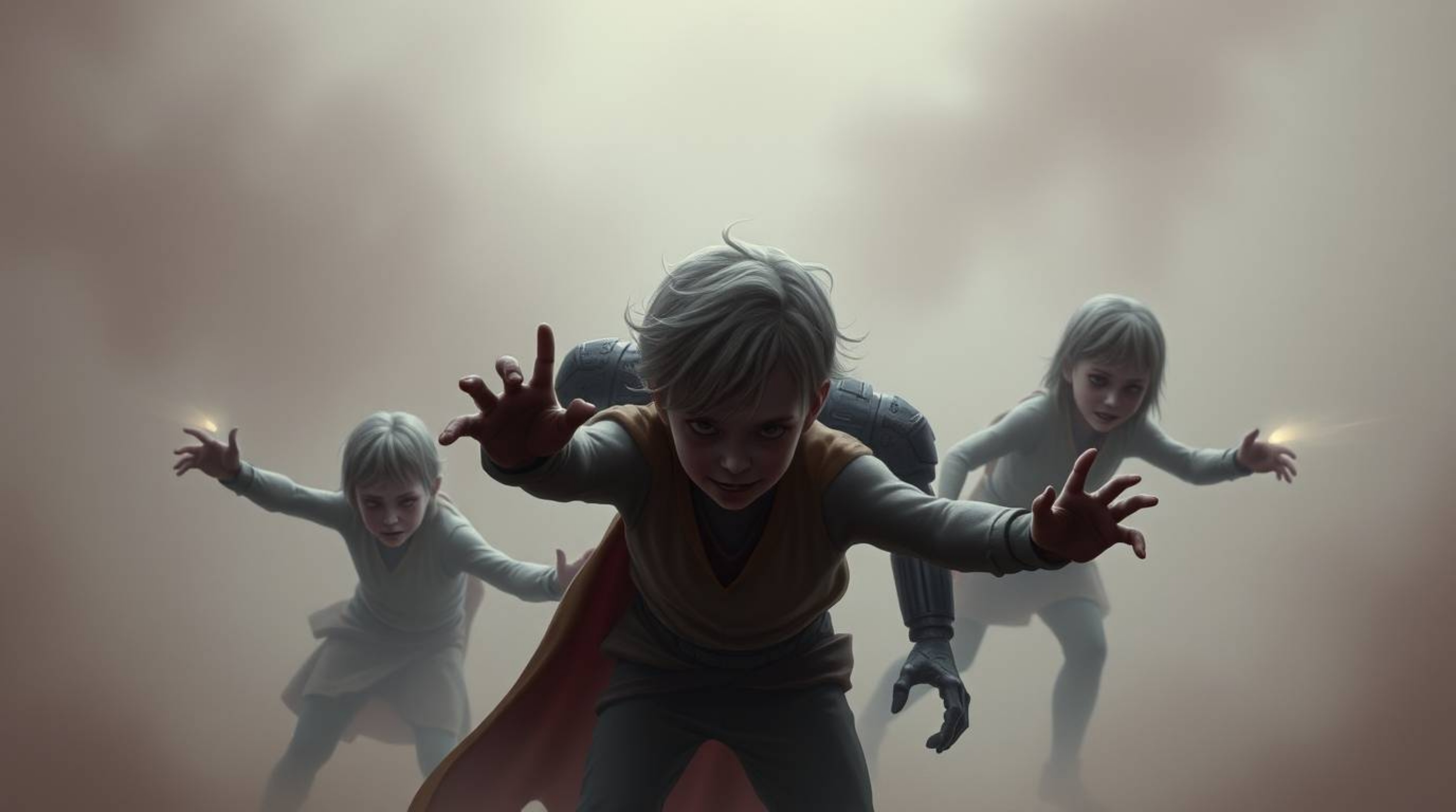 Three pale, superpowered children with unsettlingly gentle features battle a dark robot in a scene filled with eerie, creepy 