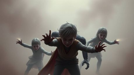 Three pale, superpowered children with unsettlingly gentle features battle a dark robot in a scene filled with eerie, creepy 