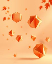 Immerse yourself in a surreal digital space filled with warm autumn colors and abstract 3D origami shapes. This dreamy atmosp