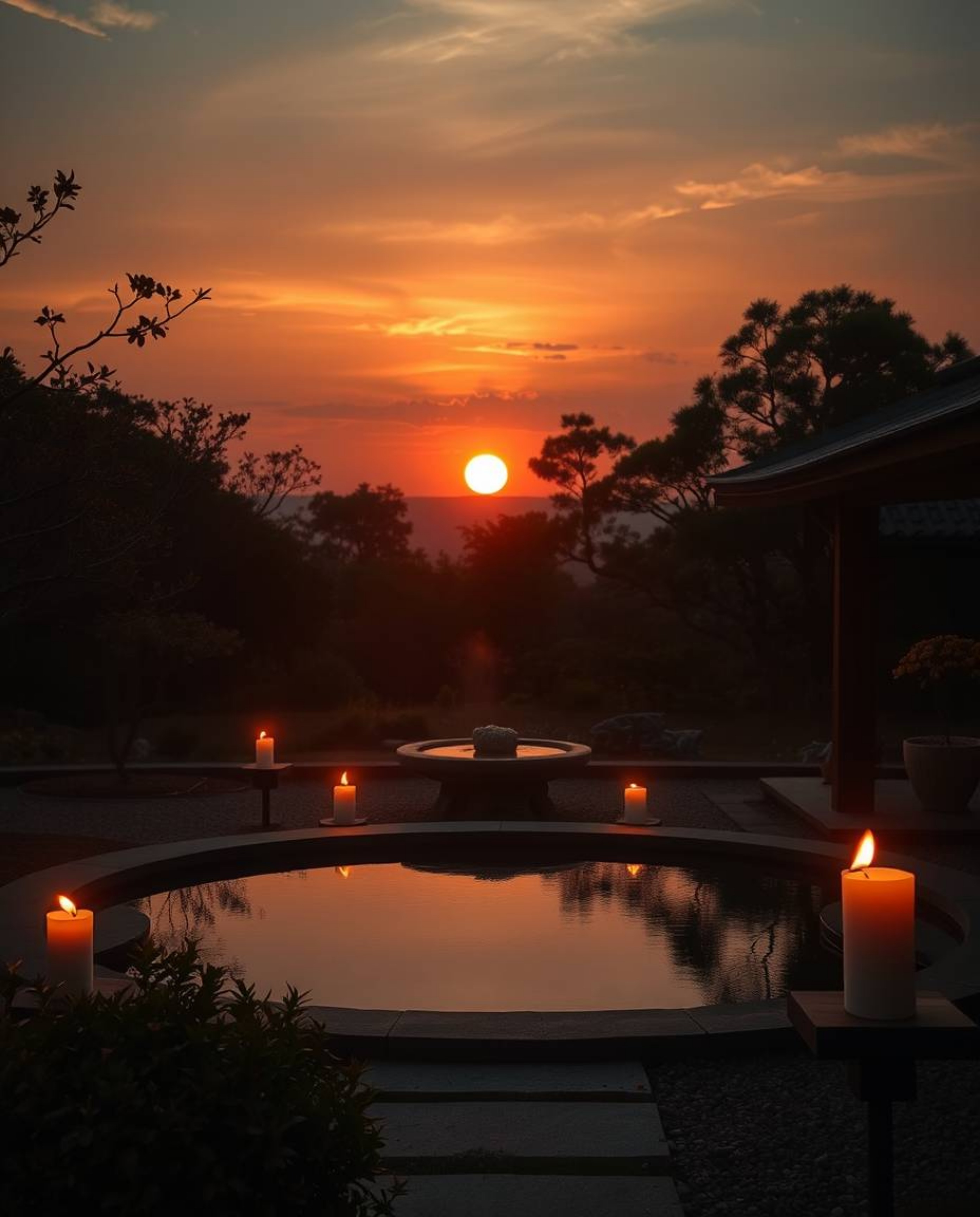 A photograph of a sunset over a serene Zen garden, styled with warm candlelight, a cinematic composition, dramatic lighting, 