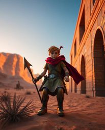 Embark on a captivating desert adventure with a brave, Disney-style hero. This architectural color photography captures the m