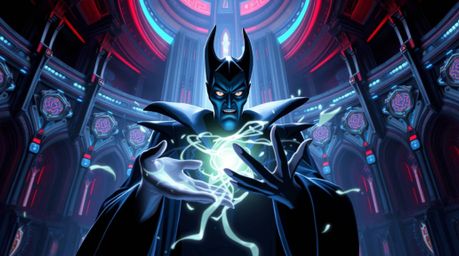 A classic Disney villain with sharp features and dark skin casts a spell within a futuristic grand castle bathed in iridescen