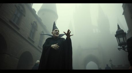 A captivating candid street photograph captures a classic Disney villain casting a spell in an old, fog-shrouded castle. The