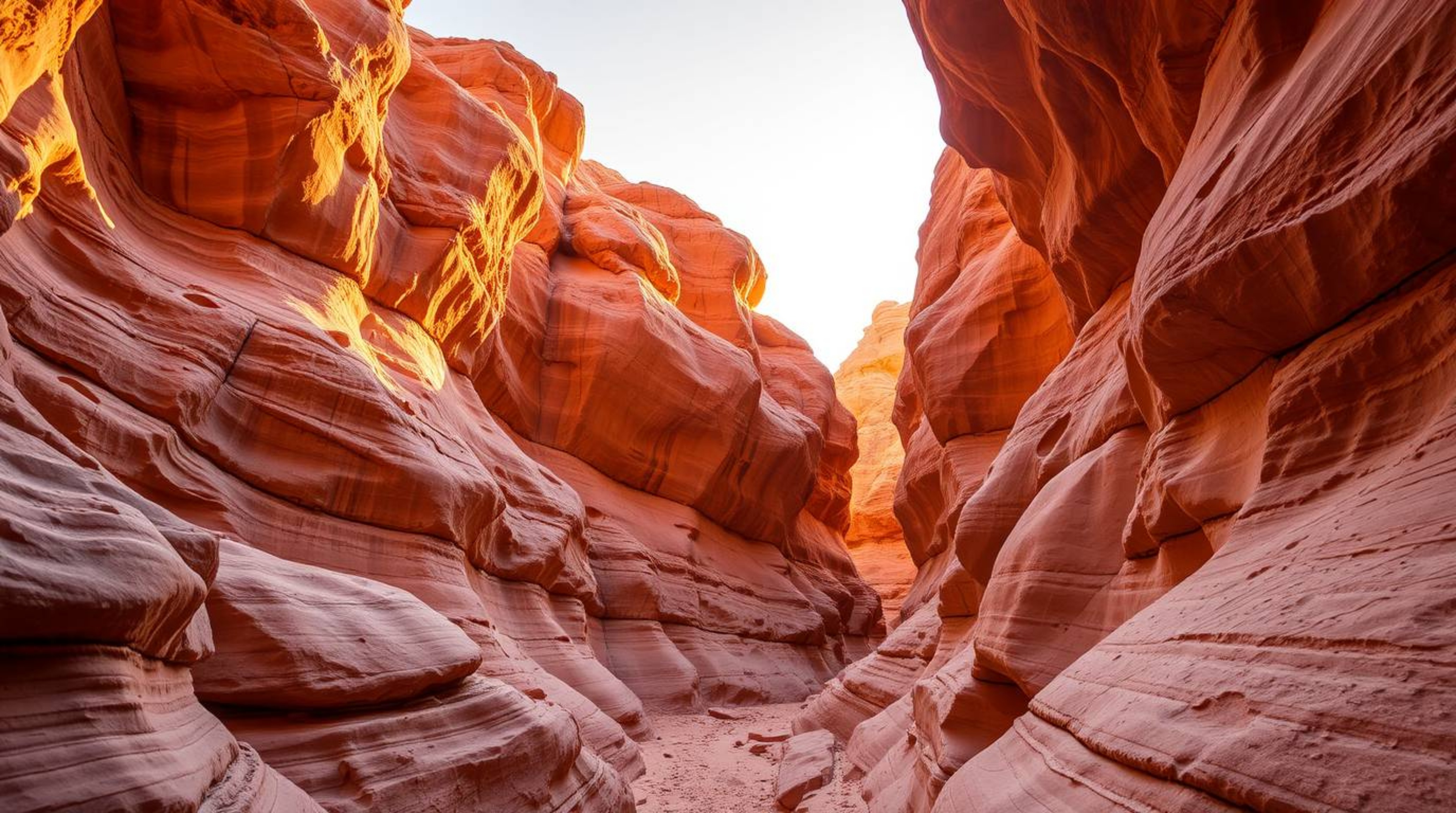 Experience the serene beauty of a rocky canyon bathed in the warm hues of a setting sun.  Gentle, soft light creates diffused