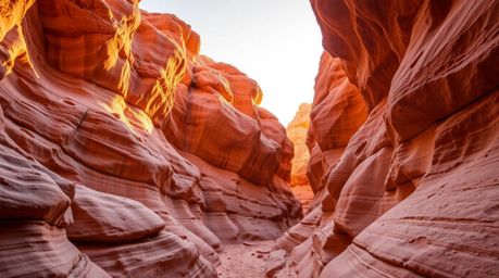 Experience the serene beauty of a rocky canyon bathed in the warm hues of a setting sun.  Gentle, soft light creates diffused