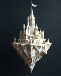 Explore a breathtaking surreal floating island showcasing strange, intricately folded paper architecture with geometric preci