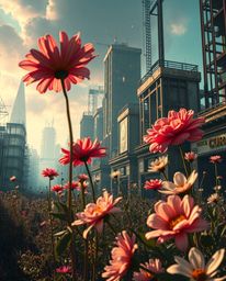 Discover breathtaking dreamlike imagery of vibrant flowers blooming amidst the ruins of a post-apocalyptic city.  This surrea