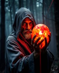 A cloaked figure with weathered features, tan skin, and dark eyes is depicted holding a glowing orb that radiates reds, orang