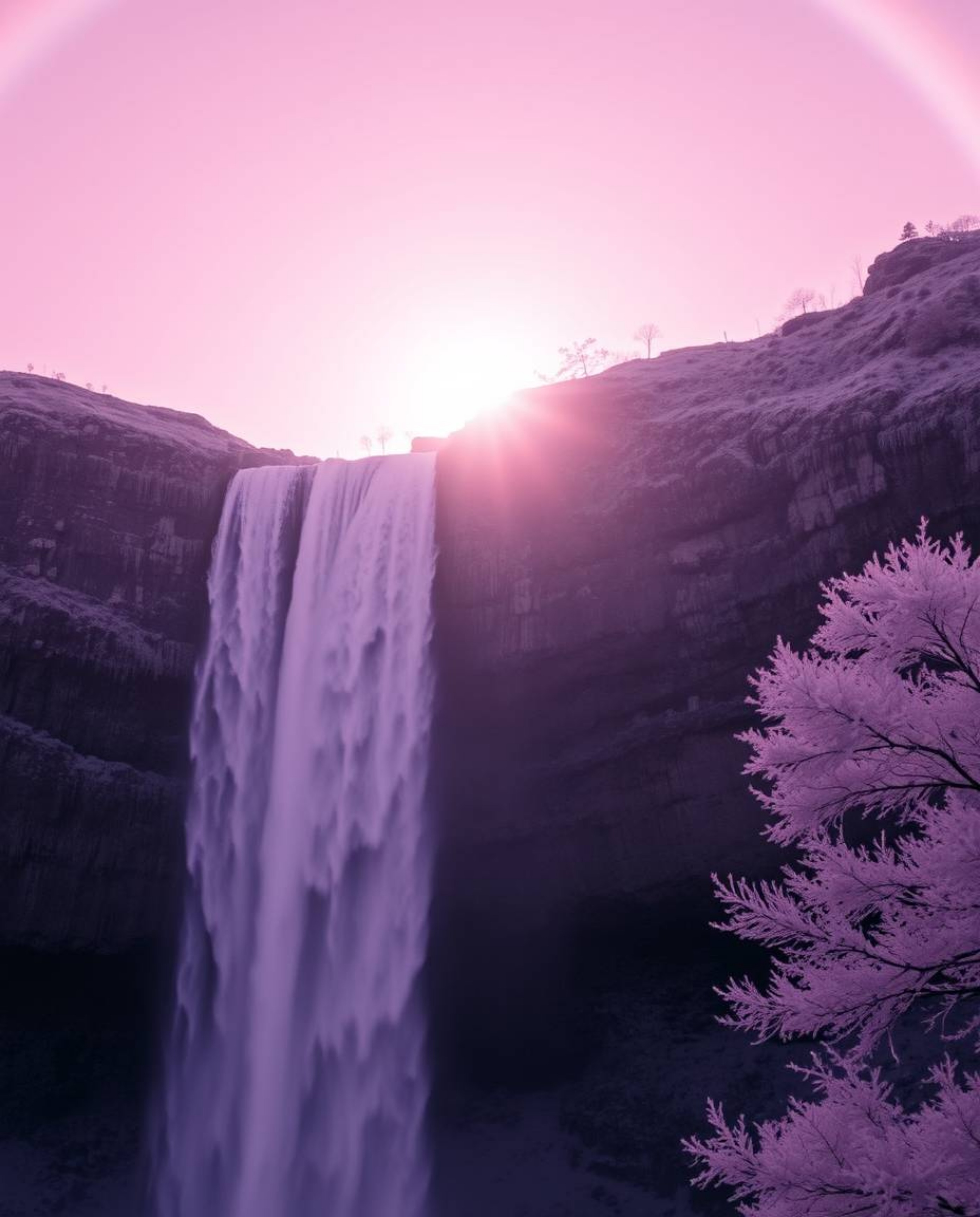 An ethereal and spiritual image captures the breathtaking moment of a sun setting behind a dramatic waterfall. Rendered in un