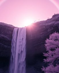 An ethereal and spiritual image captures the breathtaking moment of a sun setting behind a dramatic waterfall. Rendered in un