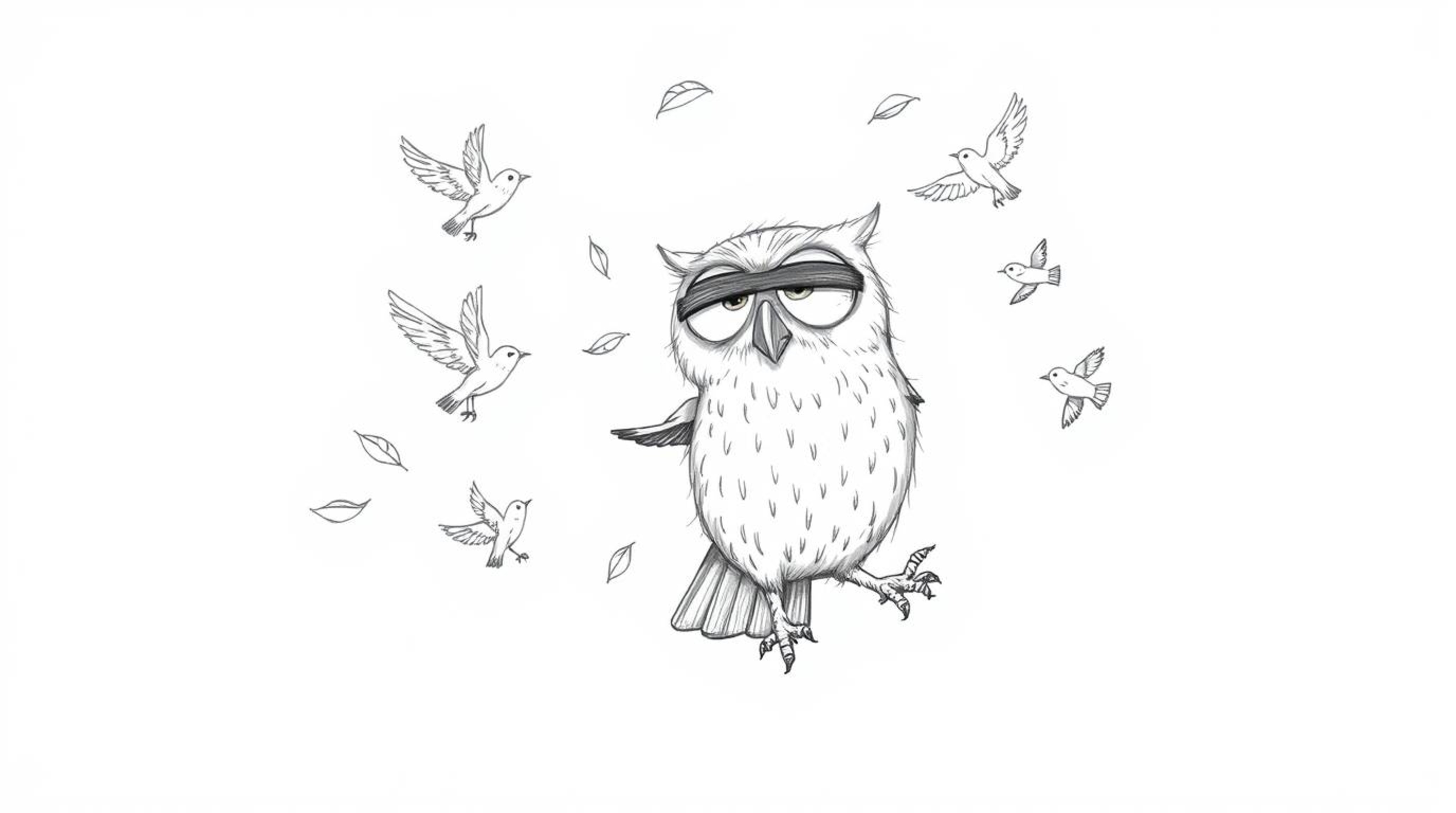 A heartwarming hand-drawn sketch in Pixar style depicts a blind owl with large, expressive eyes gently guiding several small 