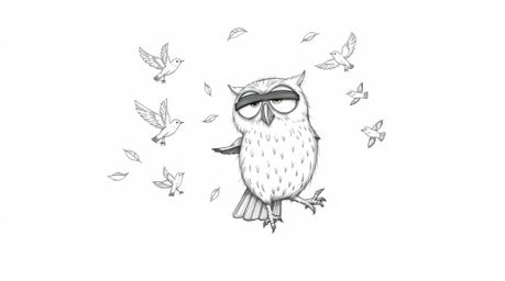 A heartwarming hand-drawn sketch in Pixar style depicts a blind owl with large, expressive eyes gently guiding several small 