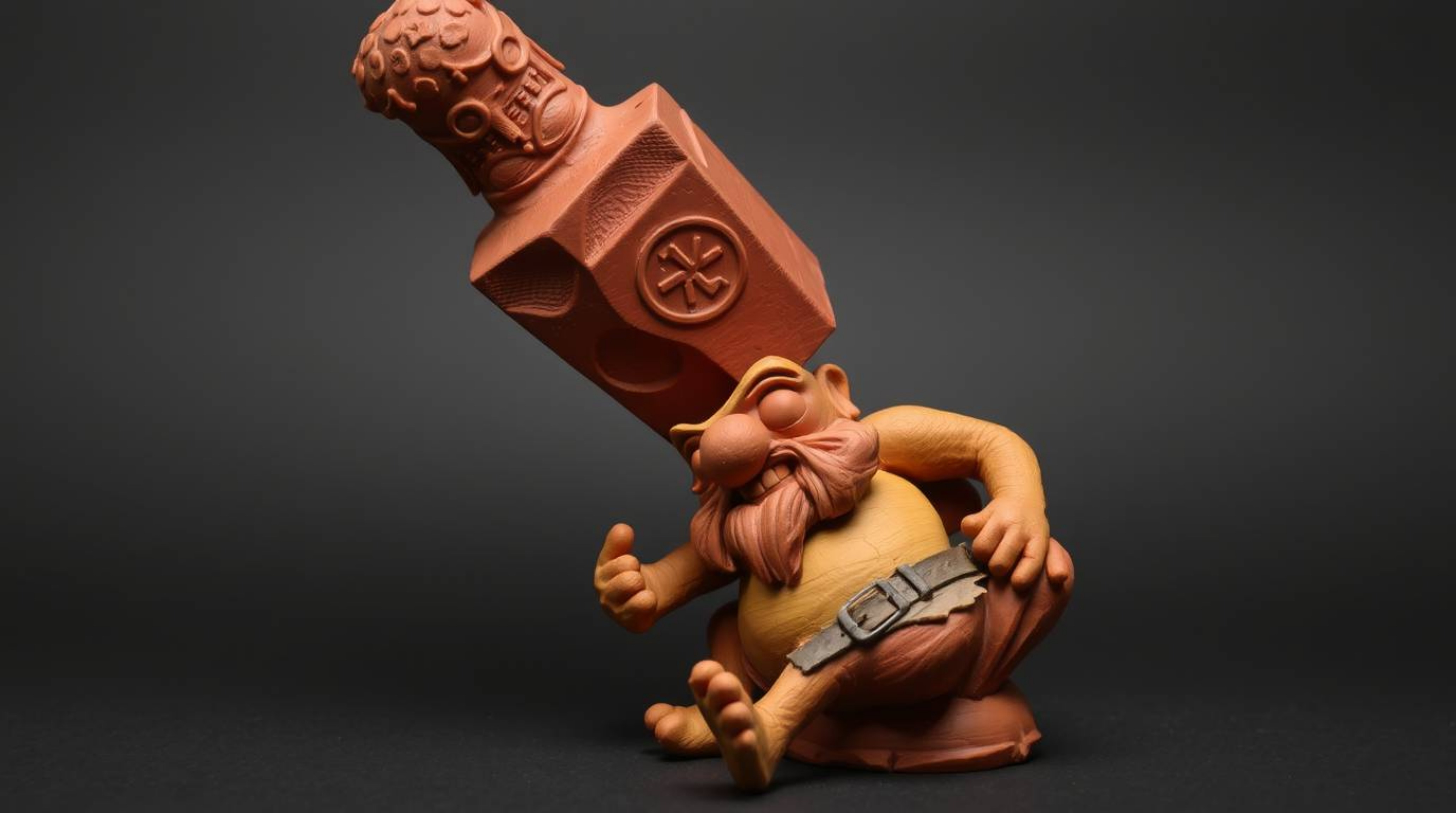 This striking clay sculpture depicts a dramatic scene: an anvil poised to fall upon a trickster character.  The artwork featu