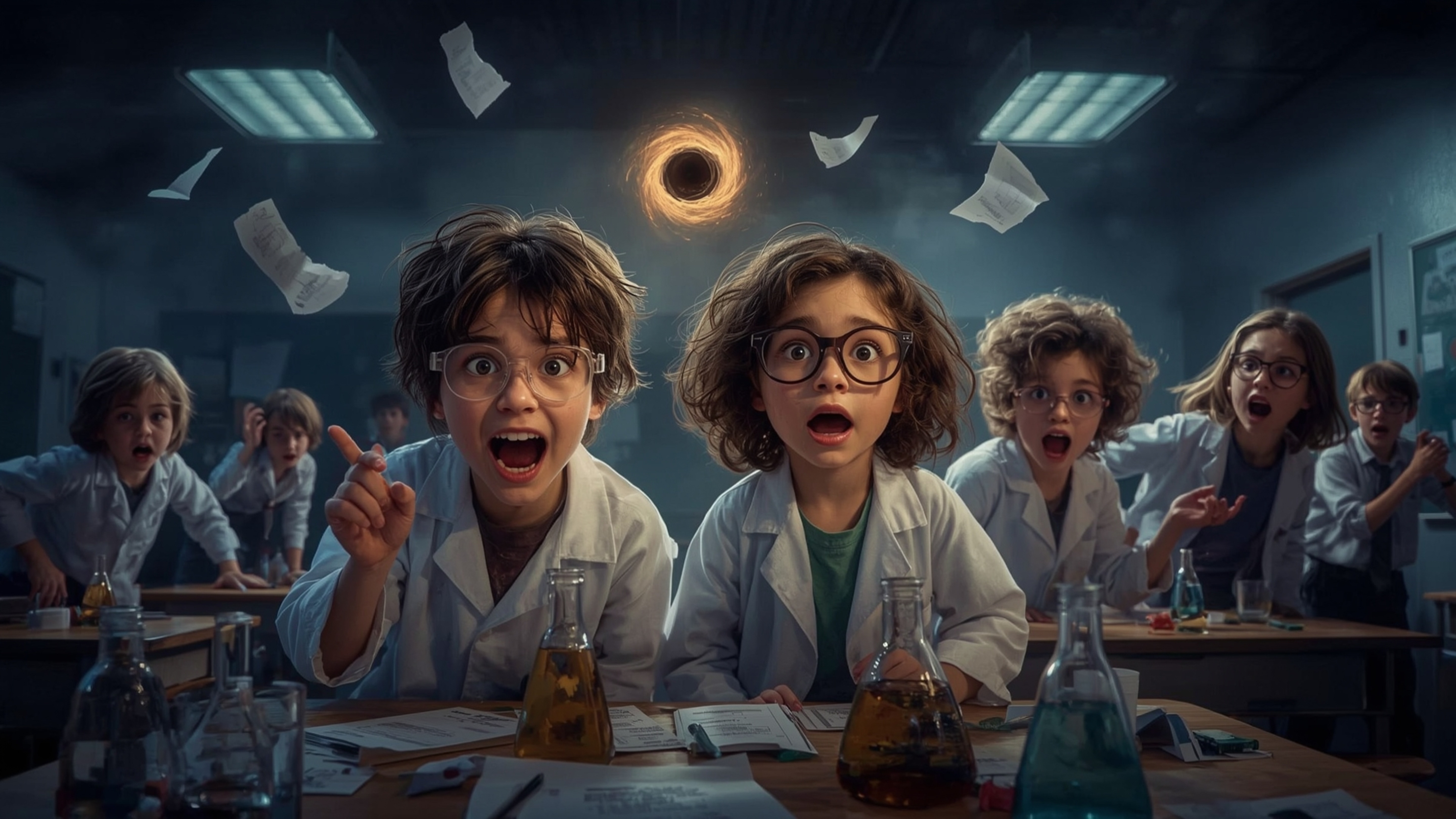 In a highly dramatic, cinematic, and humorous photograph resembling Pixar's style, a science fair duo—a bright-eyed boy and a
