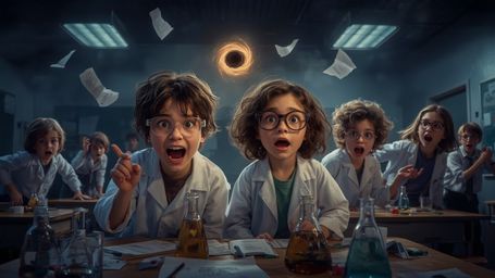 In a highly dramatic, cinematic, and humorous photograph resembling Pixar's style, a science fair duo—a bright-eyed boy and a