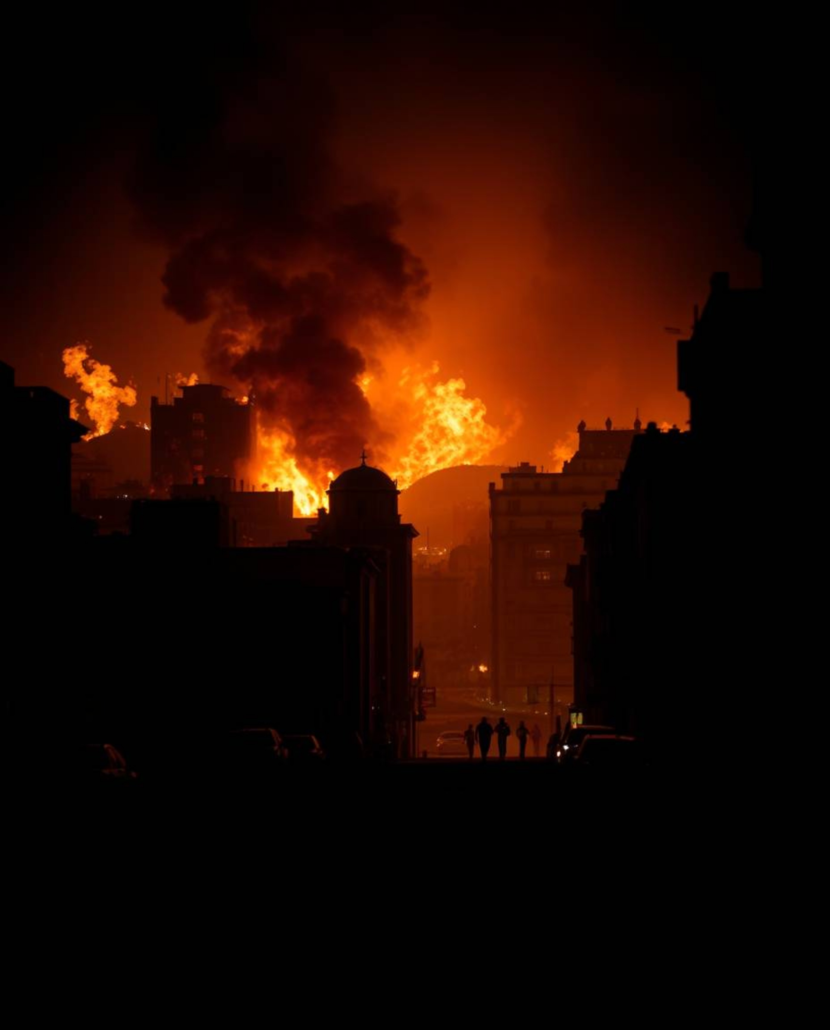 Experience a city consumed by flames, depicted through striking chiaroscuro lighting that creates strong contrasts between li