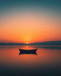 A boat adrift on a calm lake at sunset, depicted in a smooth gradient transition from warm oranges to cool blues, seamless co