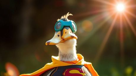A whimsical photograph showcasing a duck adorned in a zany superhero costume, complete with a bright lens flare and vibrant c