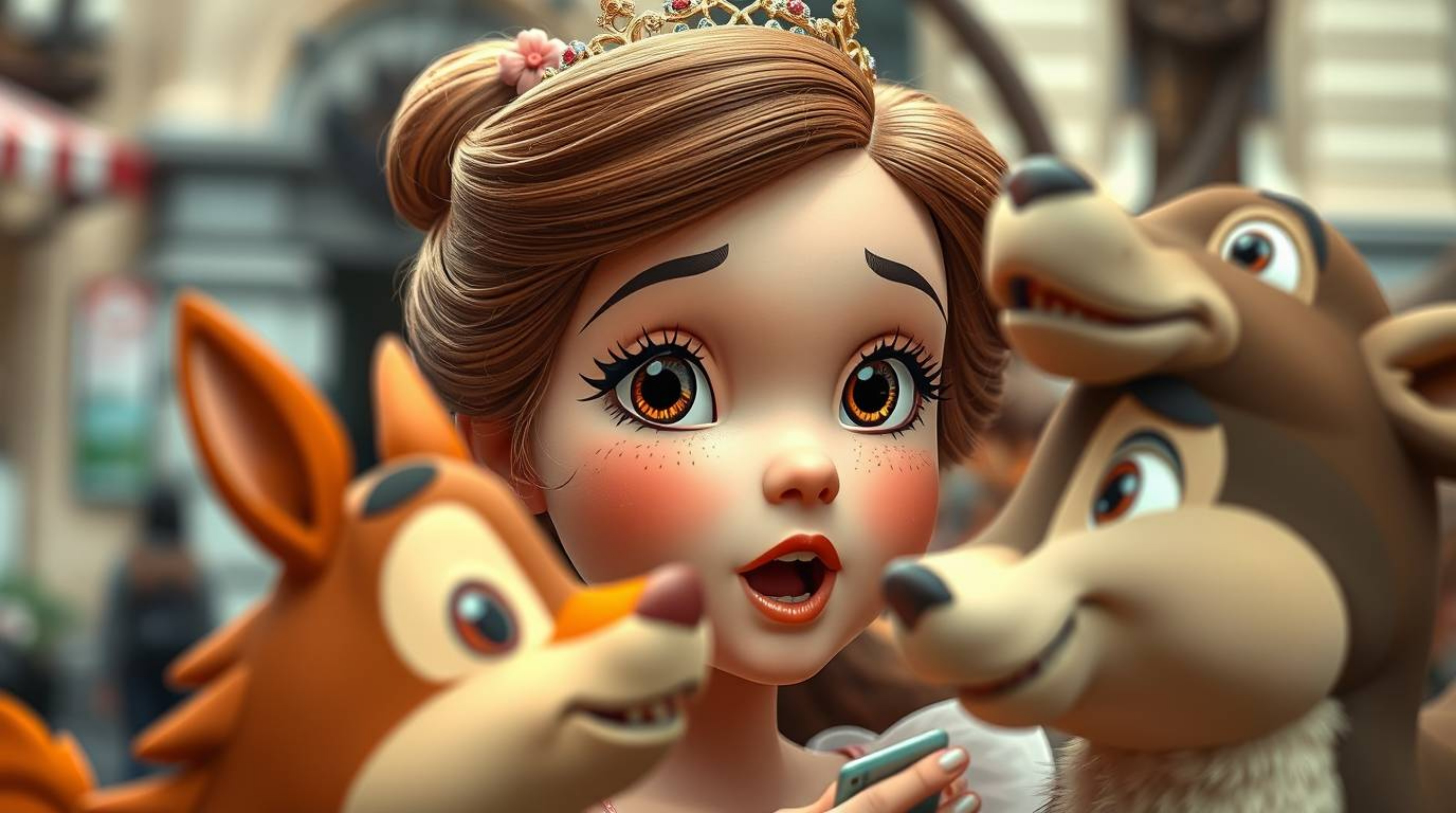 This collection of images captures the magic of a princess with rosy cheeks singing to forest animals in a vintage 2D animati