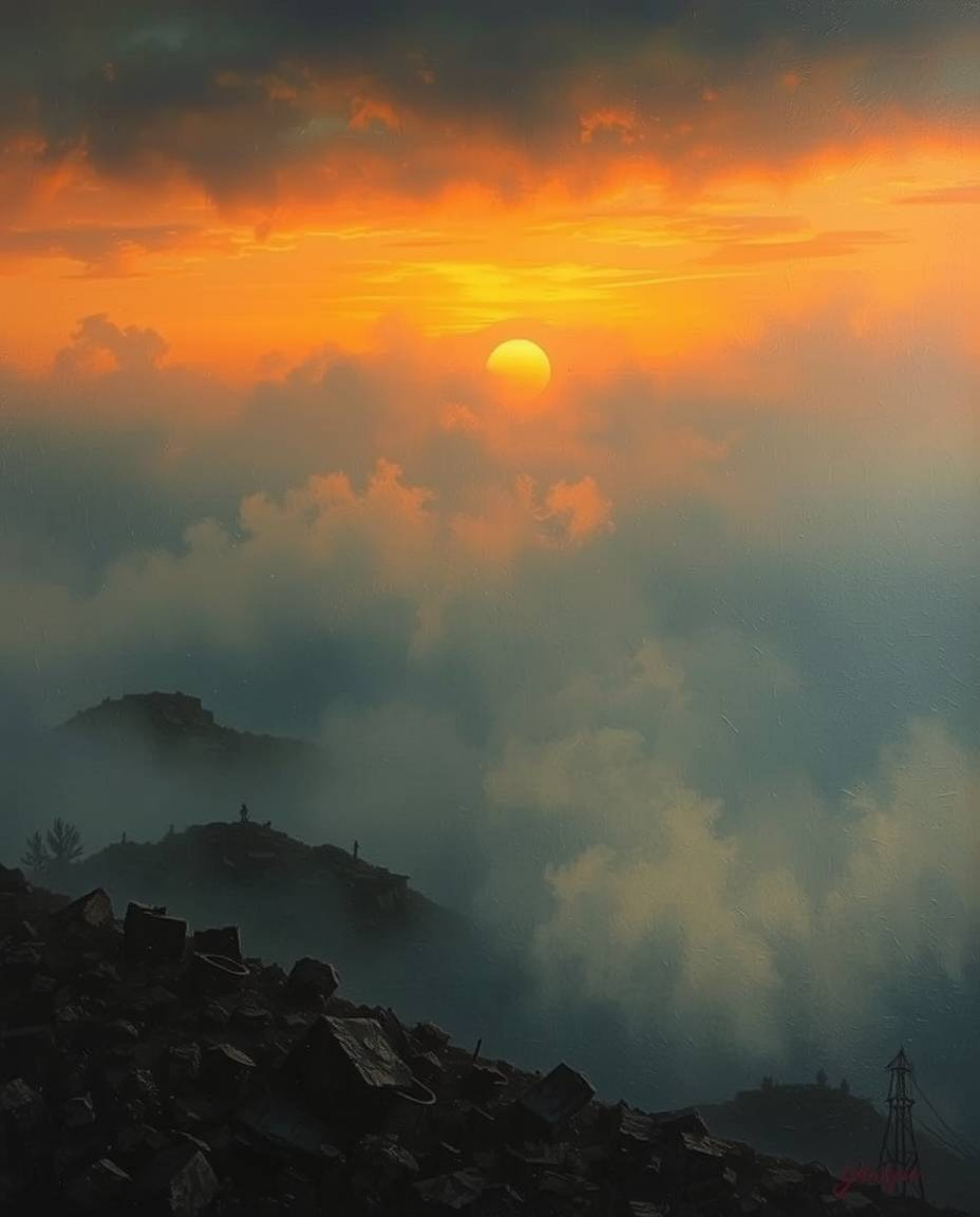 A dramatic cinematic style oil painting depicting a sunrise over a war-torn landscape shrouded in thick fog.  The artwork fea