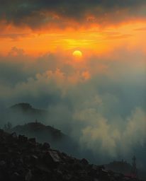 A dramatic cinematic style oil painting depicting a sunrise over a war-torn landscape shrouded in thick fog.  The artwork fea