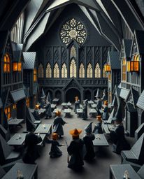 Explore a magical school brimming with young wizards, rendered in an intricate origami style boasting a strong, moody aesthet