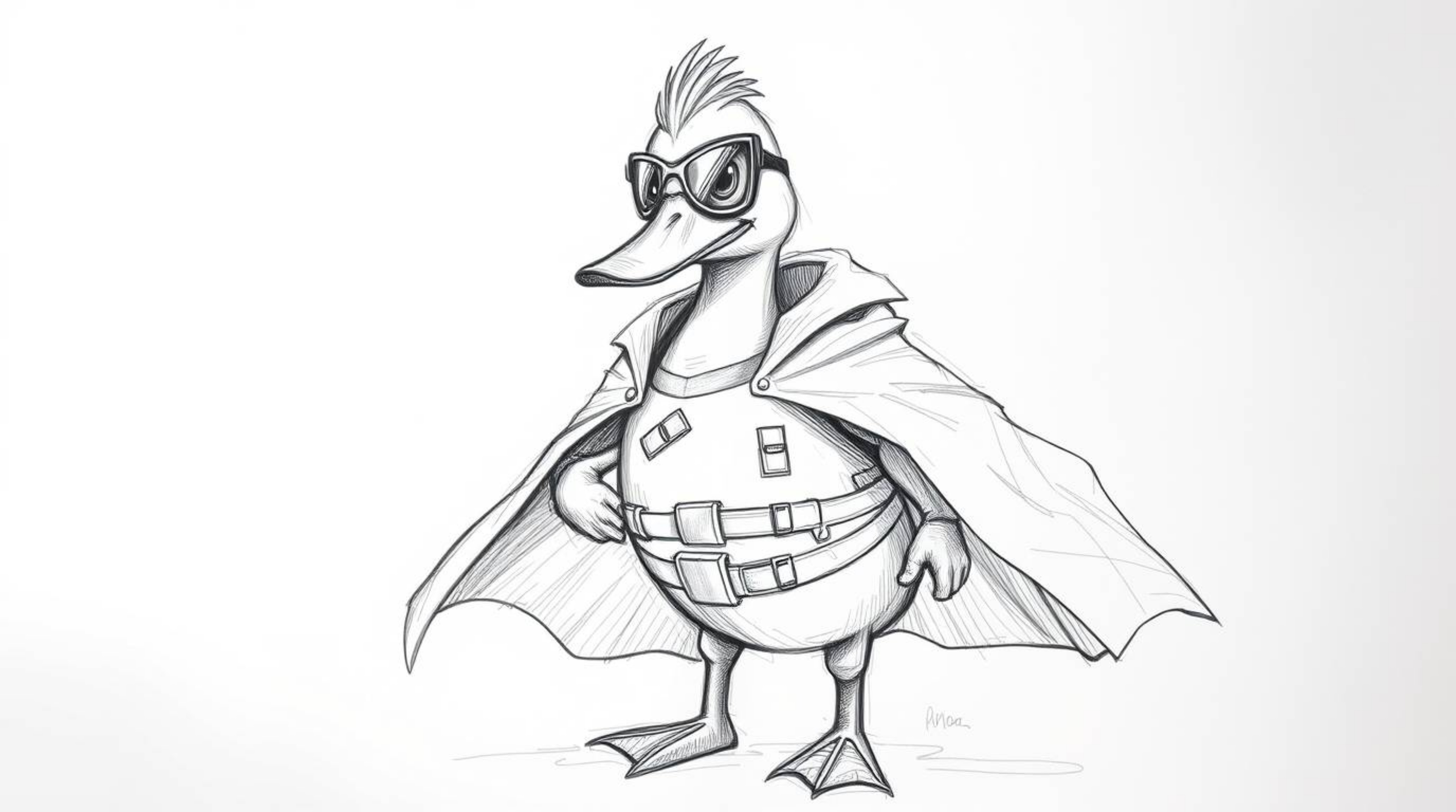 Dive into an epic hand-drawn sketch featuring a duck in a zany superhero costume. This massive scale artwork showcases rough 