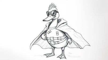 Dive into an epic hand-drawn sketch featuring a duck in a zany superhero costume. This massive scale artwork showcases rough 