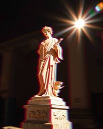 A long exposure photograph capturing a classical sculpture rendered with a vibrant and distorted glitch effect. The image fea