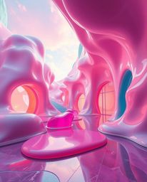 Explore a vibrant and surreal architectural photograph showcasing melted glass-like 3D shapes within a captivating sci-fi env
