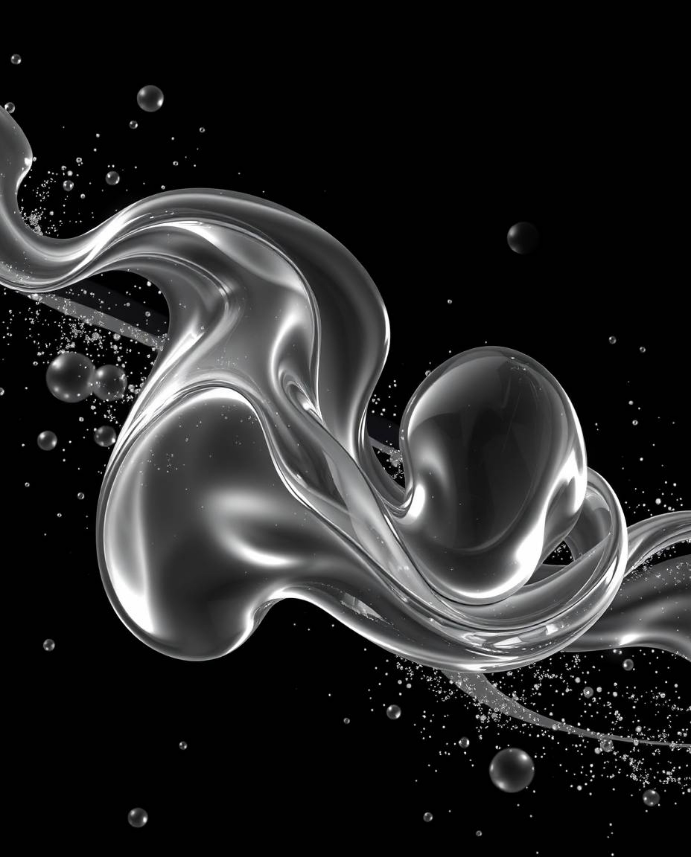 Explore a timeless and elegant aesthetic with this futuristic sci-fi image featuring glassy fluid 3D shapes in motion, surrou