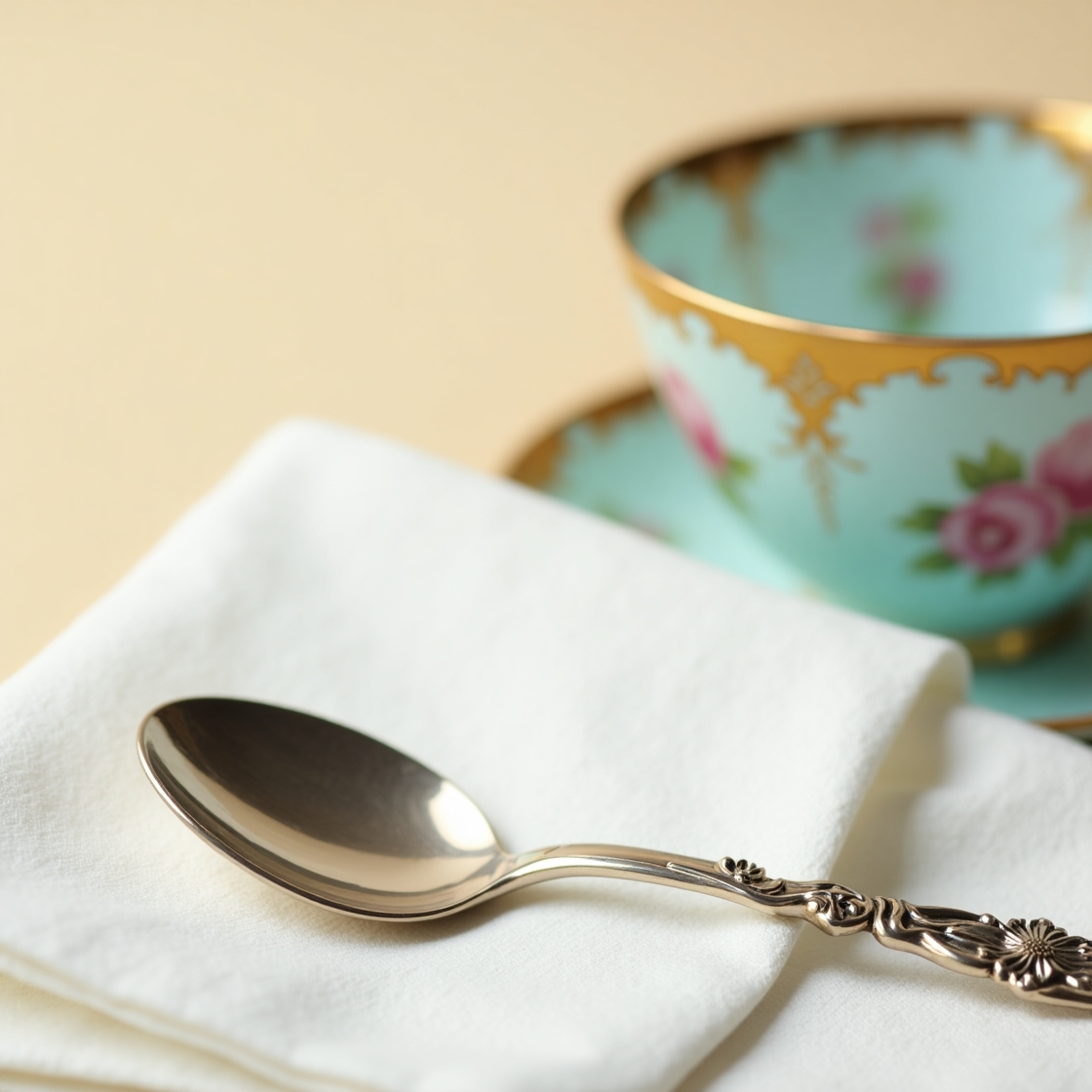A stunning still life captures a close-up of a reflective silver spoon resting on a crisp, white linen napkin next to a delic