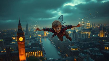 A captivating photograph depicting a young boy soaring above London, propelled by magical pixie dust. The image evokes an eer
