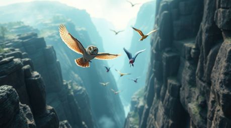 A stunning long-exposure photograph in the style of Pixar, depicting a blind owl with gentle features teaching a flock of bri