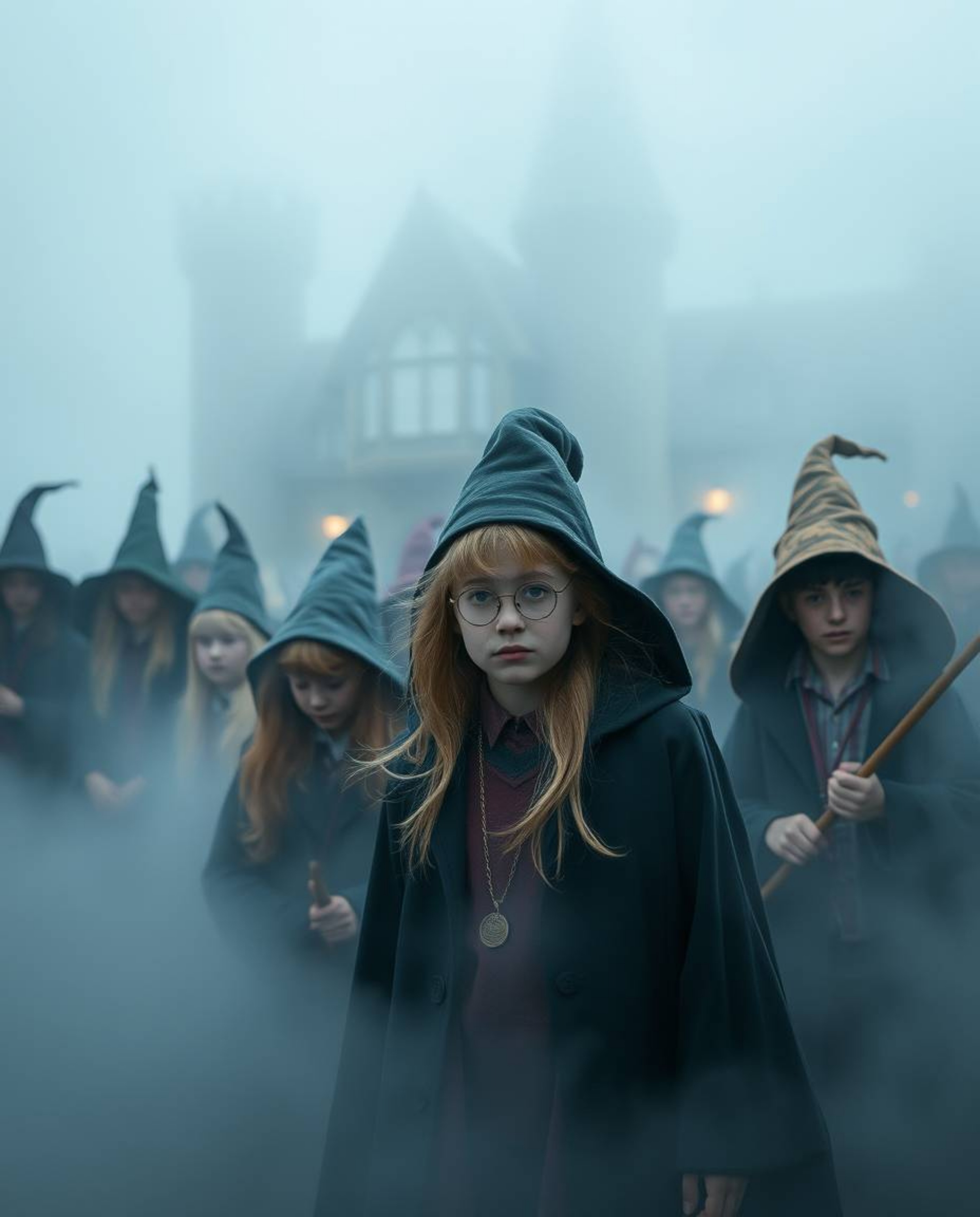 Immerse yourself in the enchanting world of a magical school shrouded in thick fog.  This captivating image features young wi