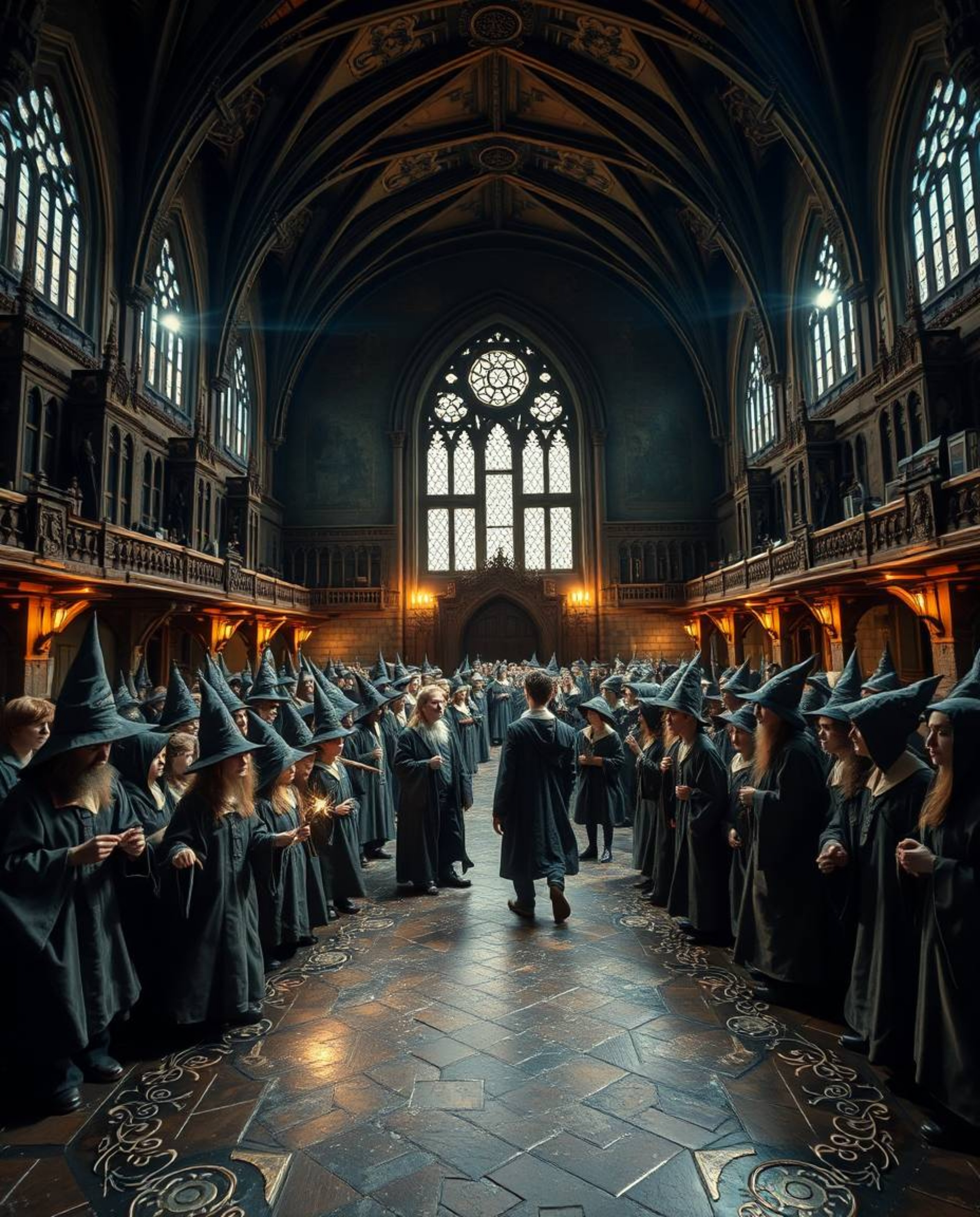 Explore a grand magical school teeming with young wizards, brought to life in an epic scene cast in bronze. The surface gleam