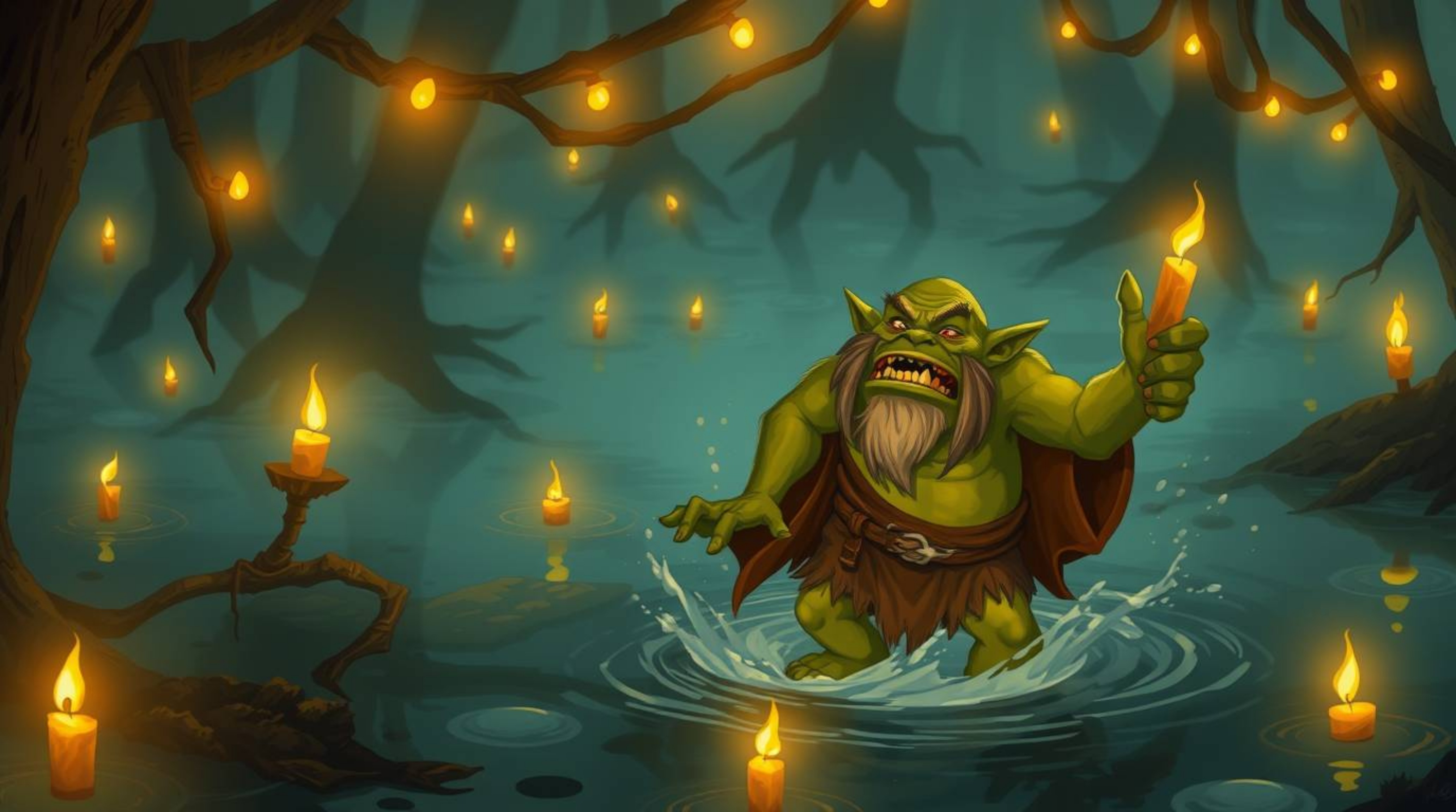 A captivating illustration depicts a whimsical ogre joyfully dancing in a mysterious swamp.  The scene is bathed in the warm,