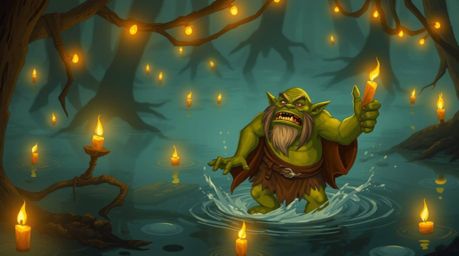 A captivating illustration depicts a whimsical ogre joyfully dancing in a mysterious swamp.  The scene is bathed in the warm,