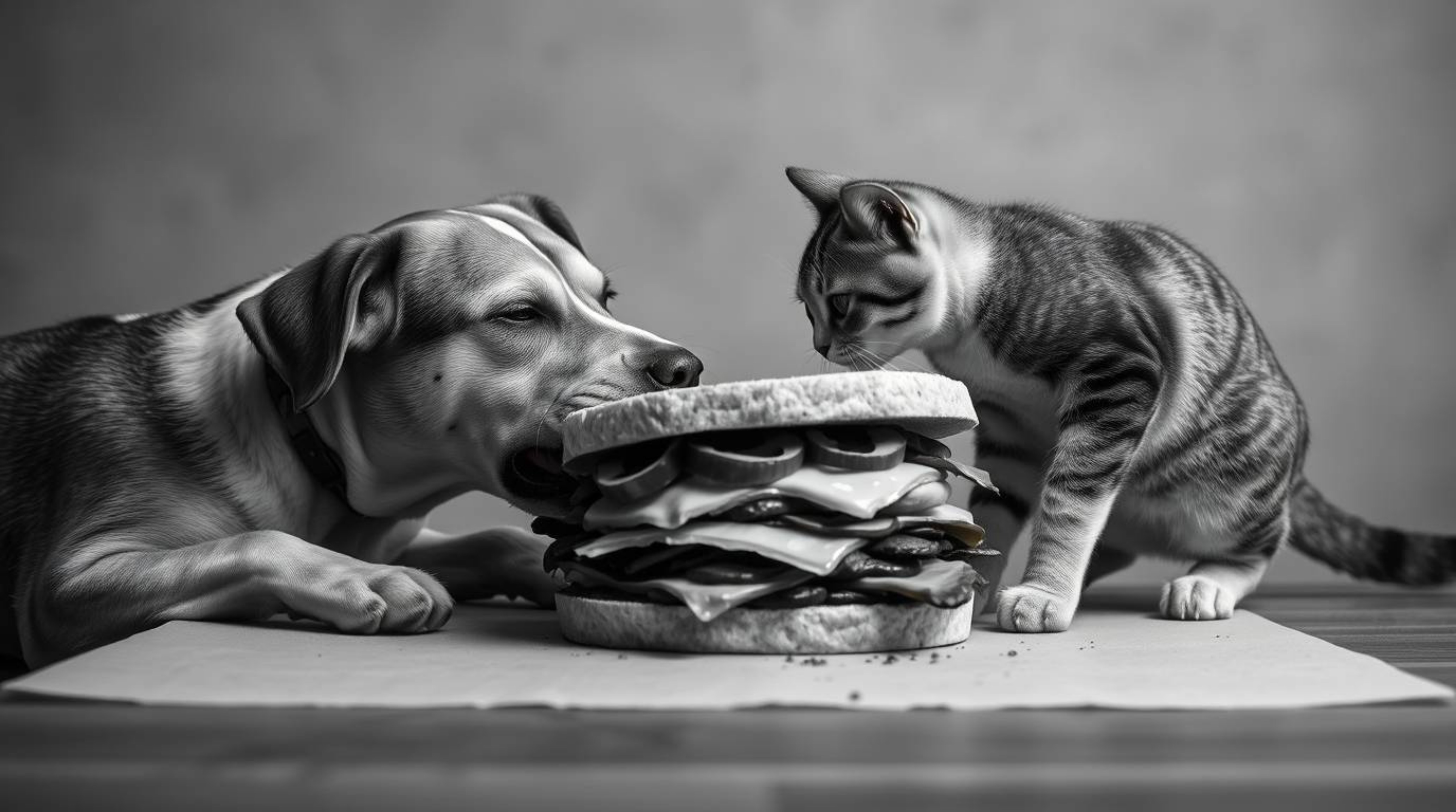 Capture a humorous and timeless moment with a black and white photograph depicting a dog and cat playfully fighting over a ma