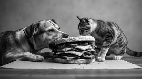 Capture a humorous and timeless moment with a black and white photograph depicting a dog and cat playfully fighting over a ma