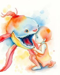 This captivating watercolor painting depicts a heartwarming scene of a sea creature befriending a human child, rendered in el