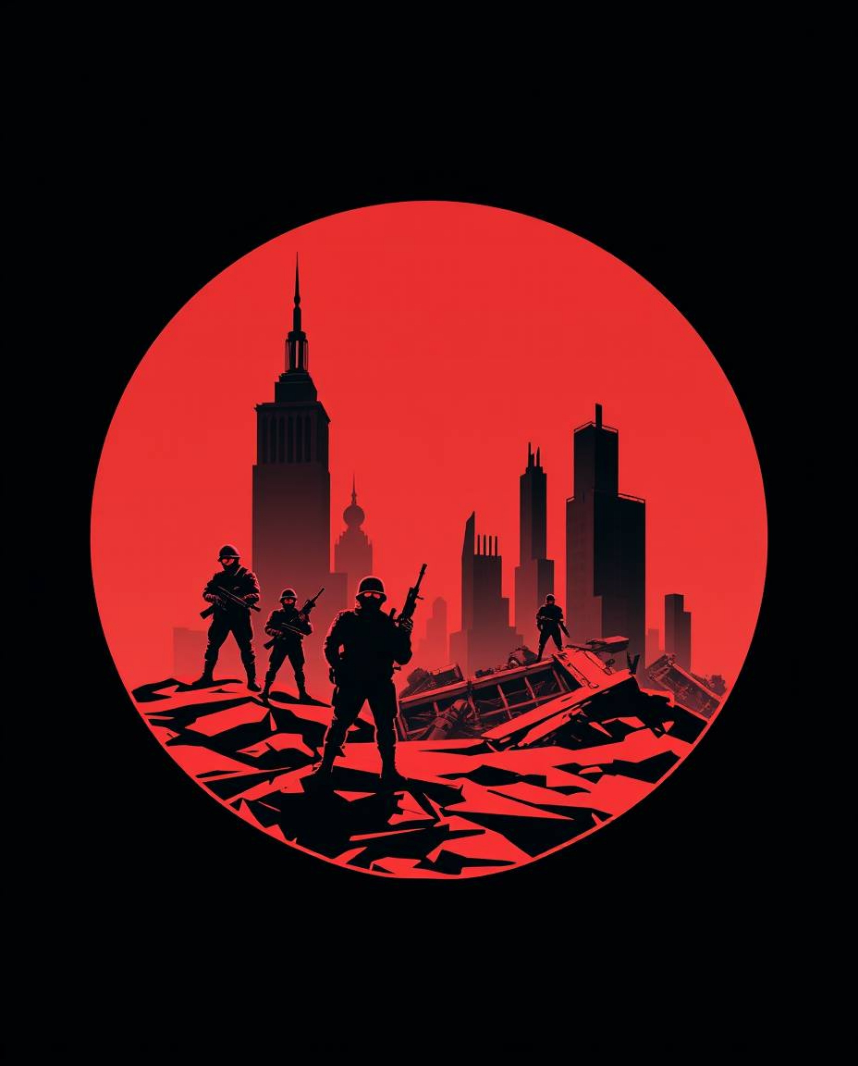 Explore a surreal infrared battlefield landscape featuring time-warped soldiers and crumbling buildings rendered in striking 