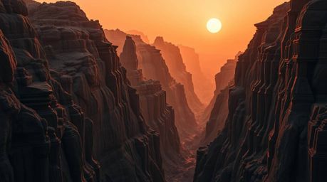 Experience a captivating blend of nature and futuristic technology in this stunning image. A rocky canyon glows in warm sunse