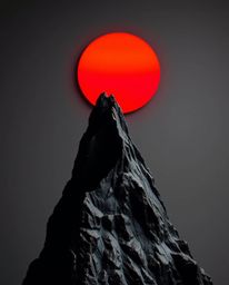 This artwork depicts a high-alpine peak sunset as a bronze sculpture, featuring dramatic chiaroscuro lighting and vibrant com