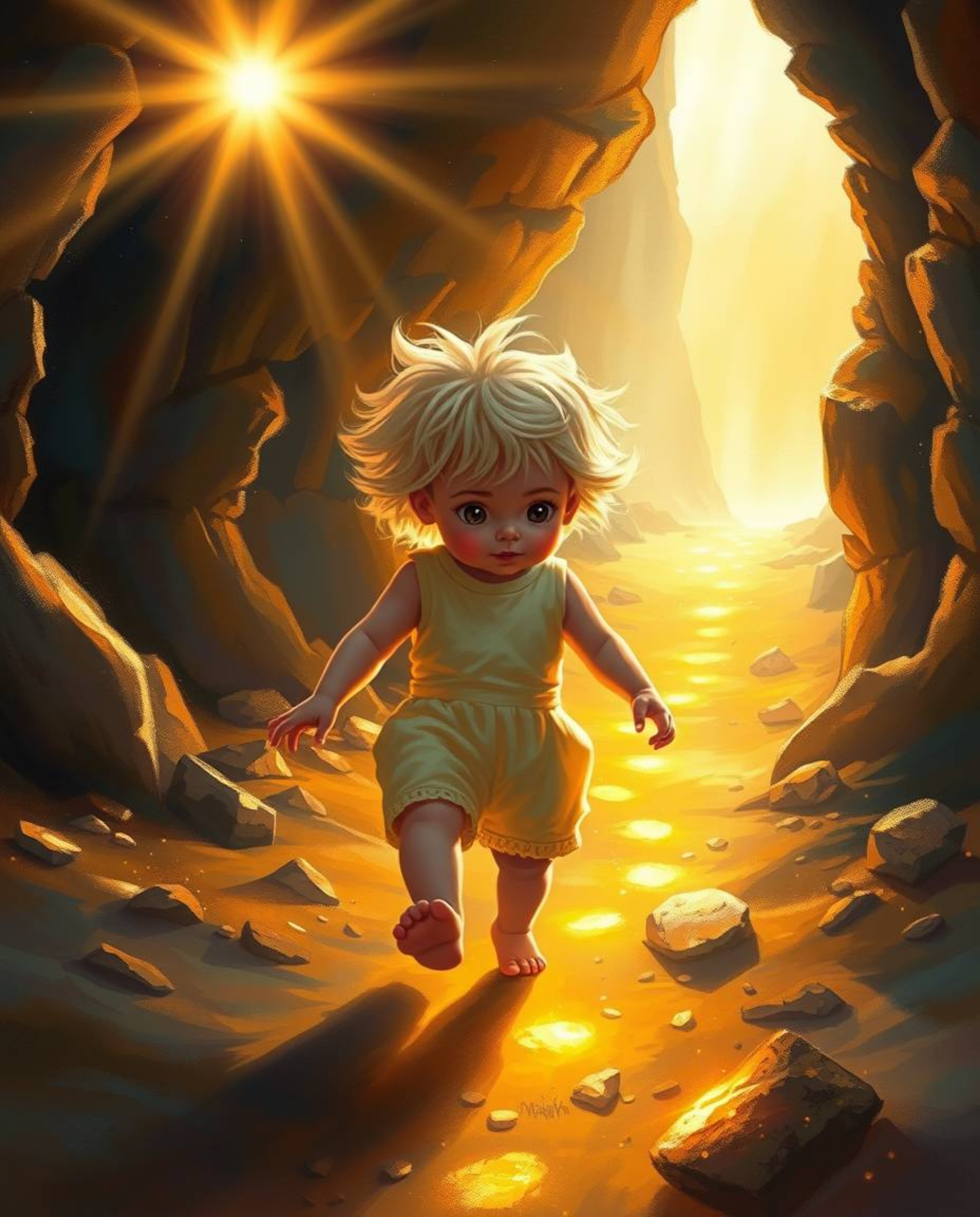 A vibrant painting captures a child with fair skin and blonde hair embarking on a magical adventure.  They follow a trail of 